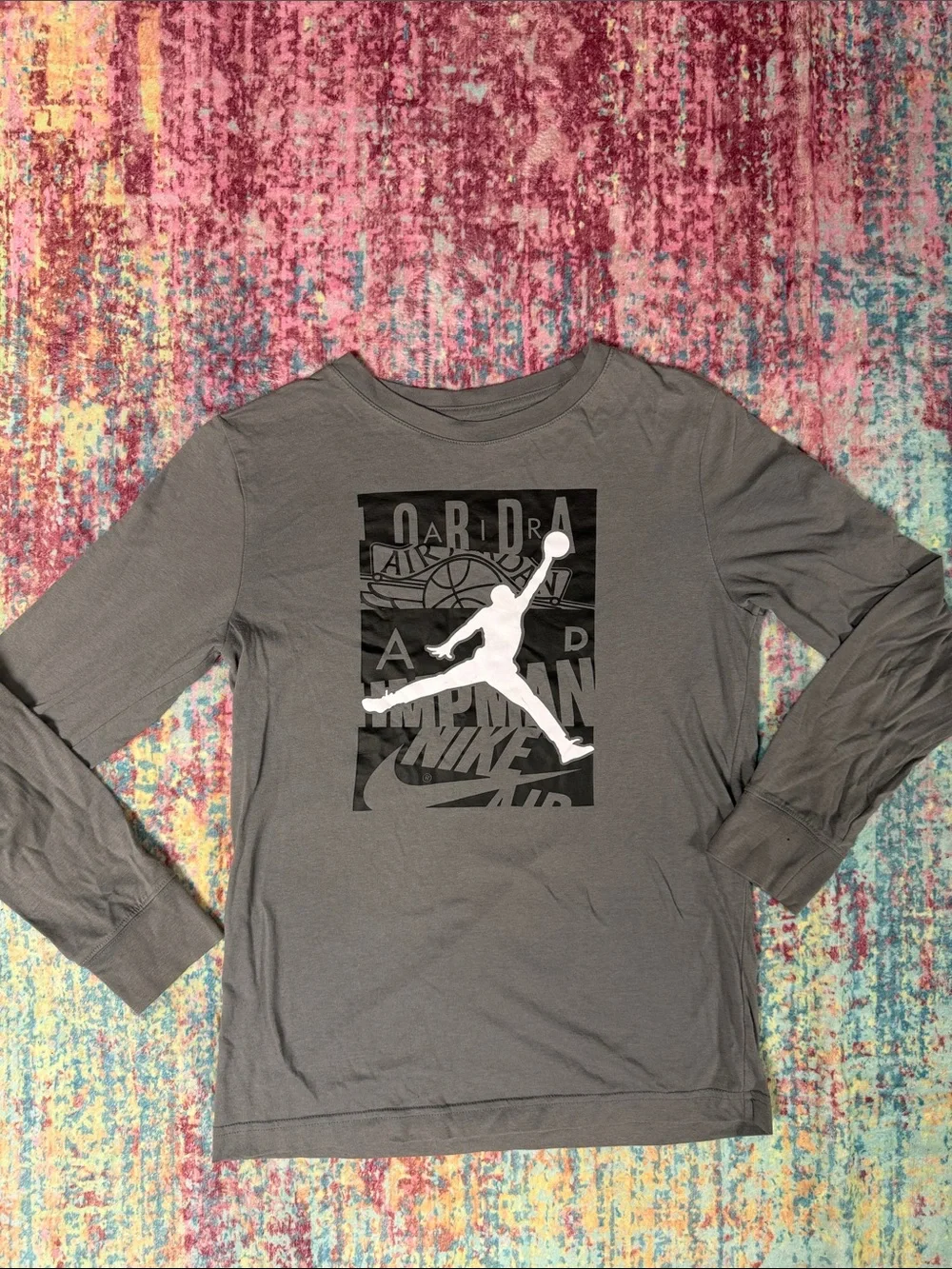 Jordan Gray Long-Sleeve Tee with Black and White Jumpman Graphic